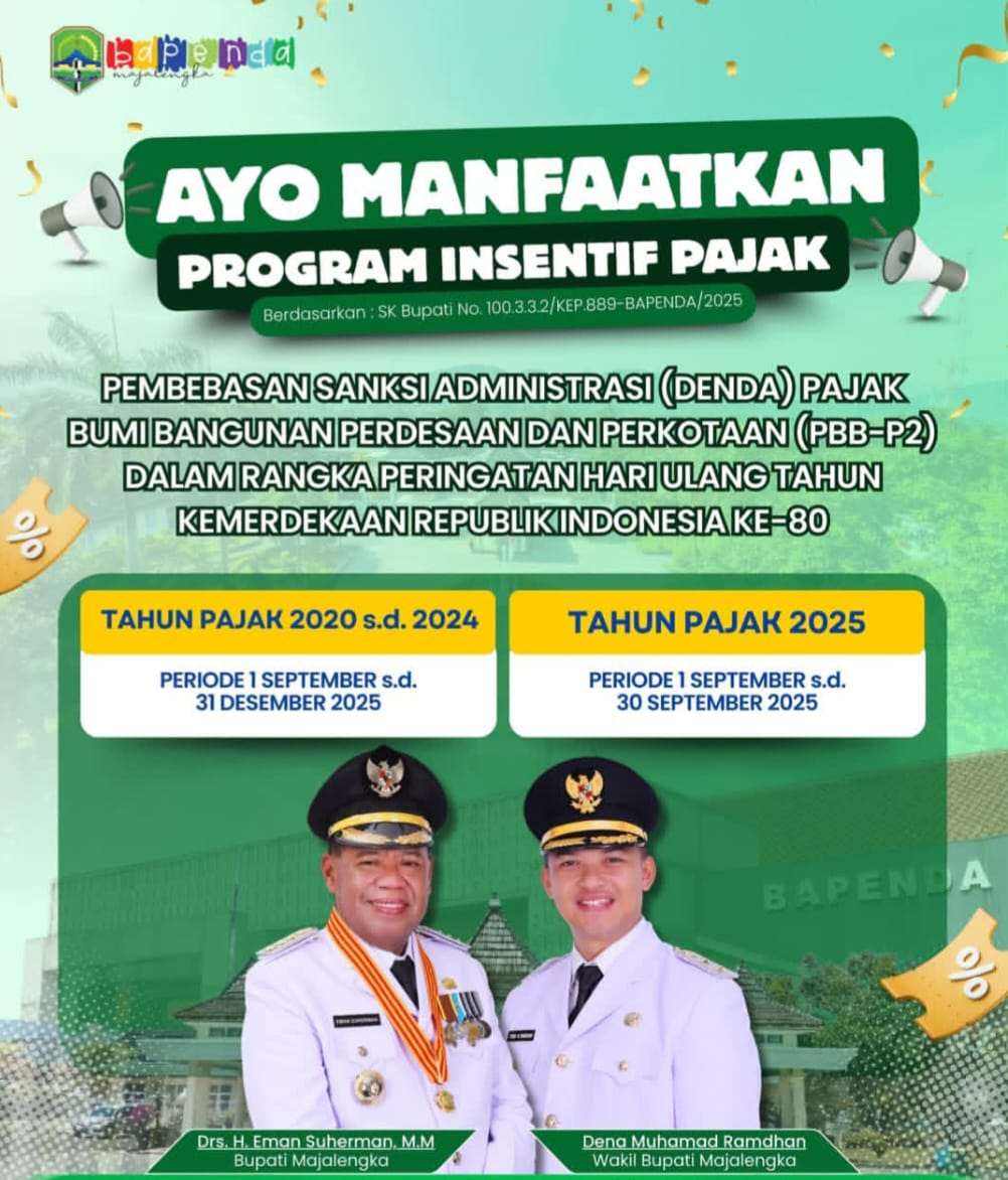 Kabar Gembira Pemkab Majalengka adakan Pemutihan Denda PBB-P2. Kabar Gembira Pemkab Majalengka adakan Pemutihan Denda PBB-P2.